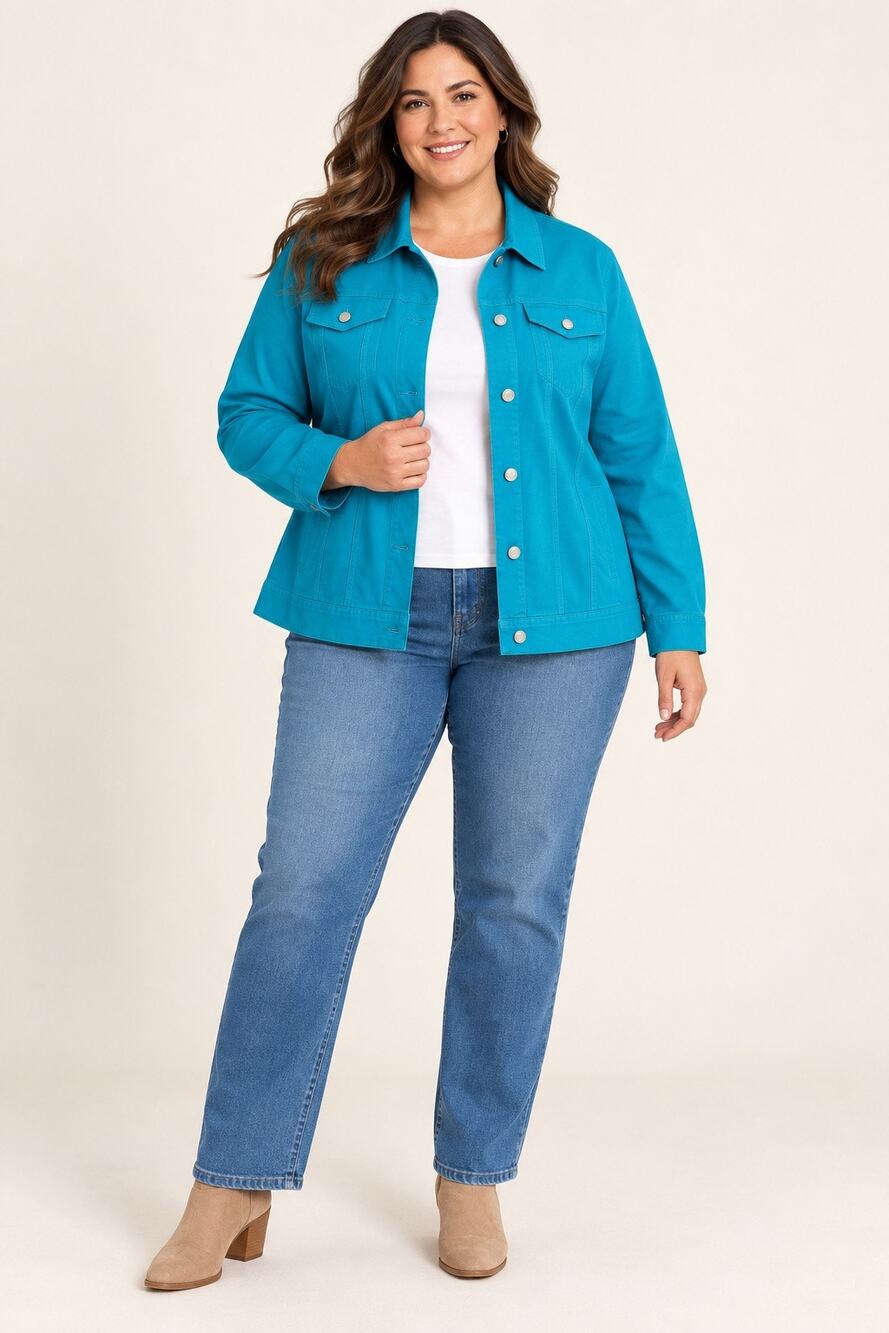 CJ Banks Teal Stretch Cotton Button-Front Jacket Plus Size 1X